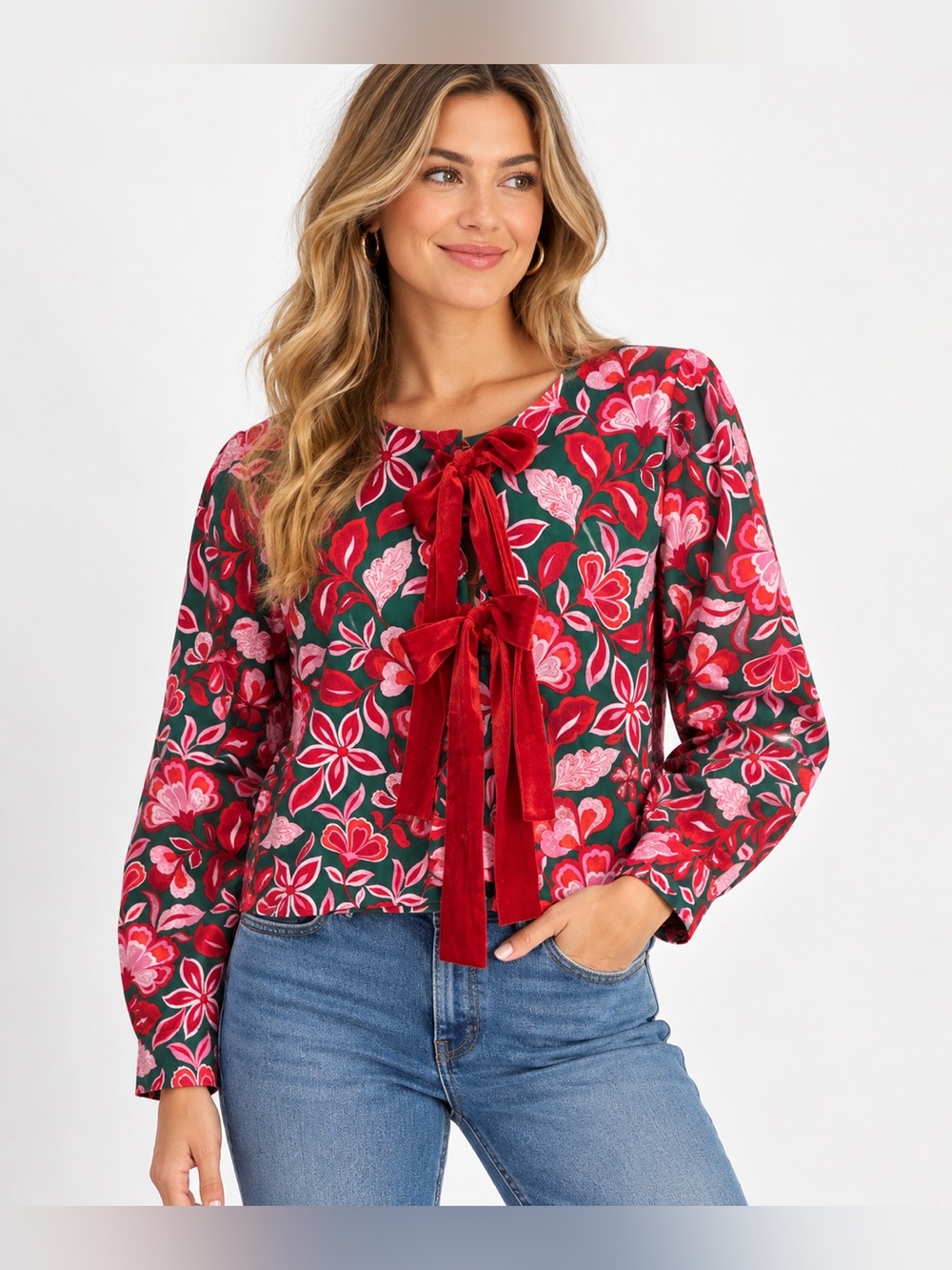 Red, pink and Green Floral velvet Bow-Front blouse